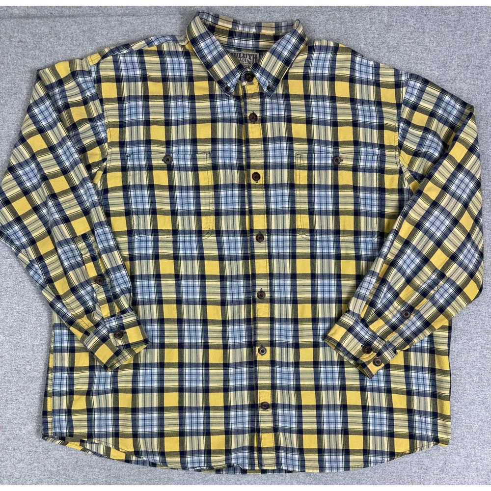 Duluth Trading Plaid Flannel Button Down Shirt Mens 2XL Yellow Long Sleeve